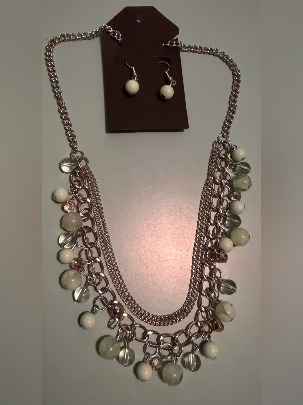 Charming Charlie Silver Multi-Chain Necklace Set with Light Green & Clear Beads